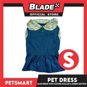Pet Dress Blue with Flower Collar and Green Button Design DG-CTN185S (Small)