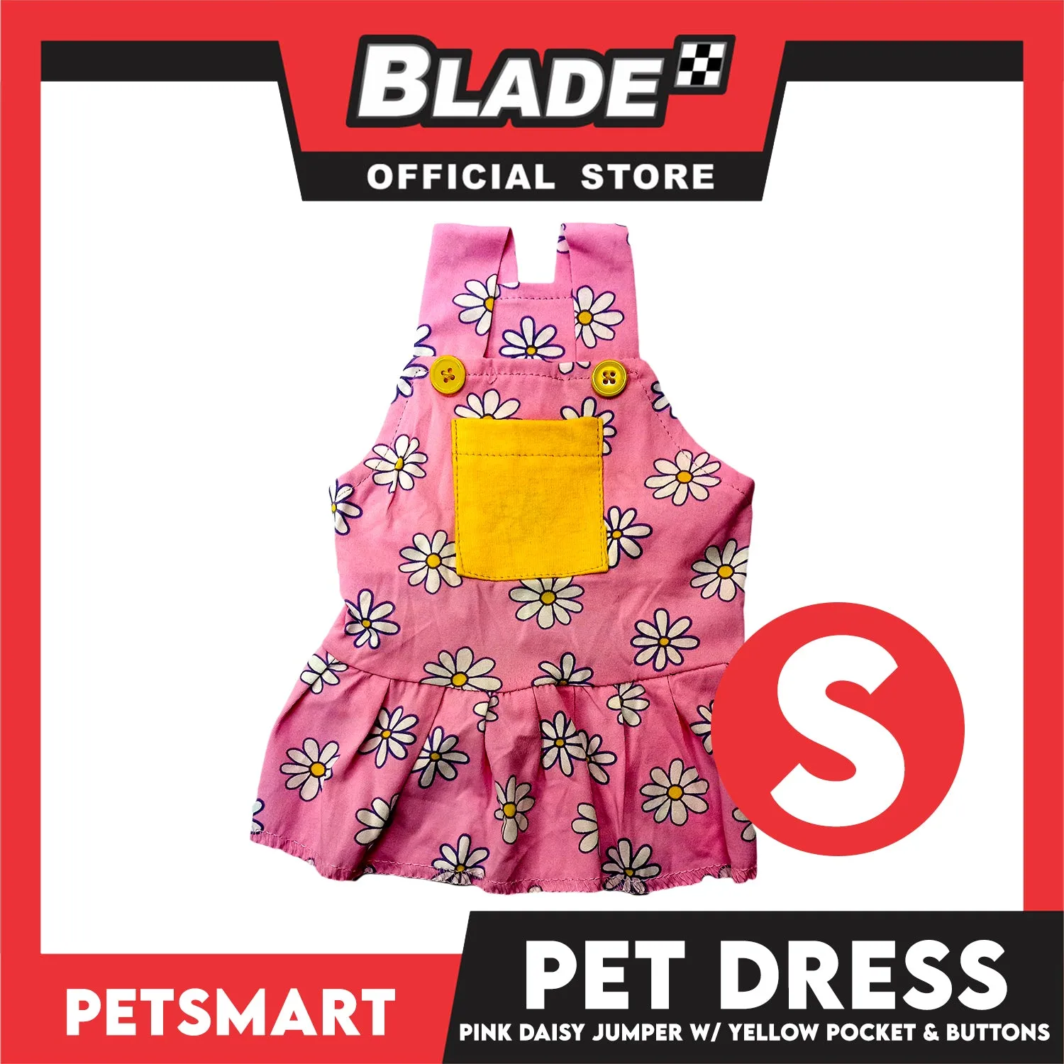 Pet Dress Pink Daisy Jumper with Yellow Pocket and Buttons Perfect Fit for Dogs and Cats (Small)