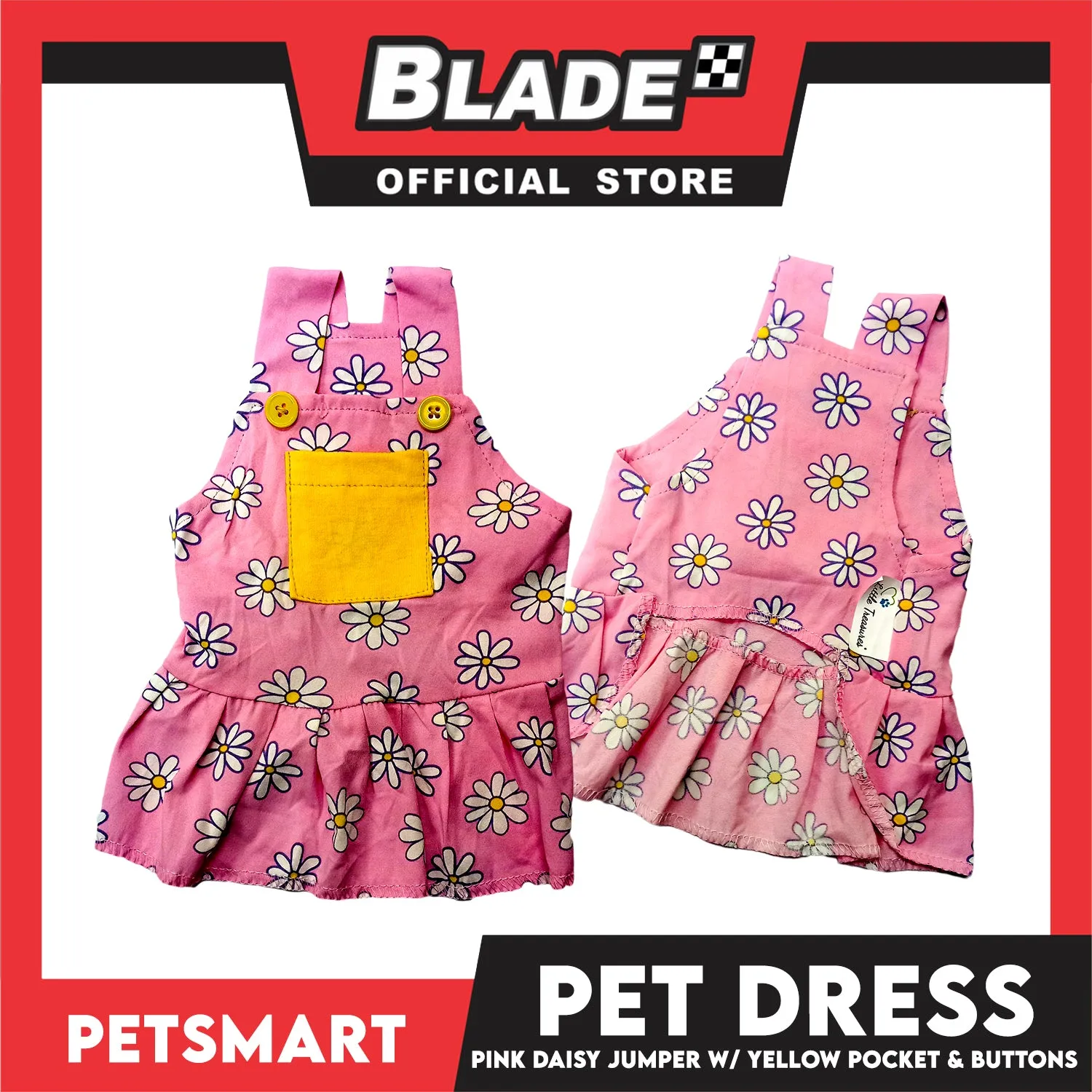 Pet Dress Pink Daisy Jumper with Yellow Pocket and Buttons Perfect Fit for Dogs and Cats (Small)