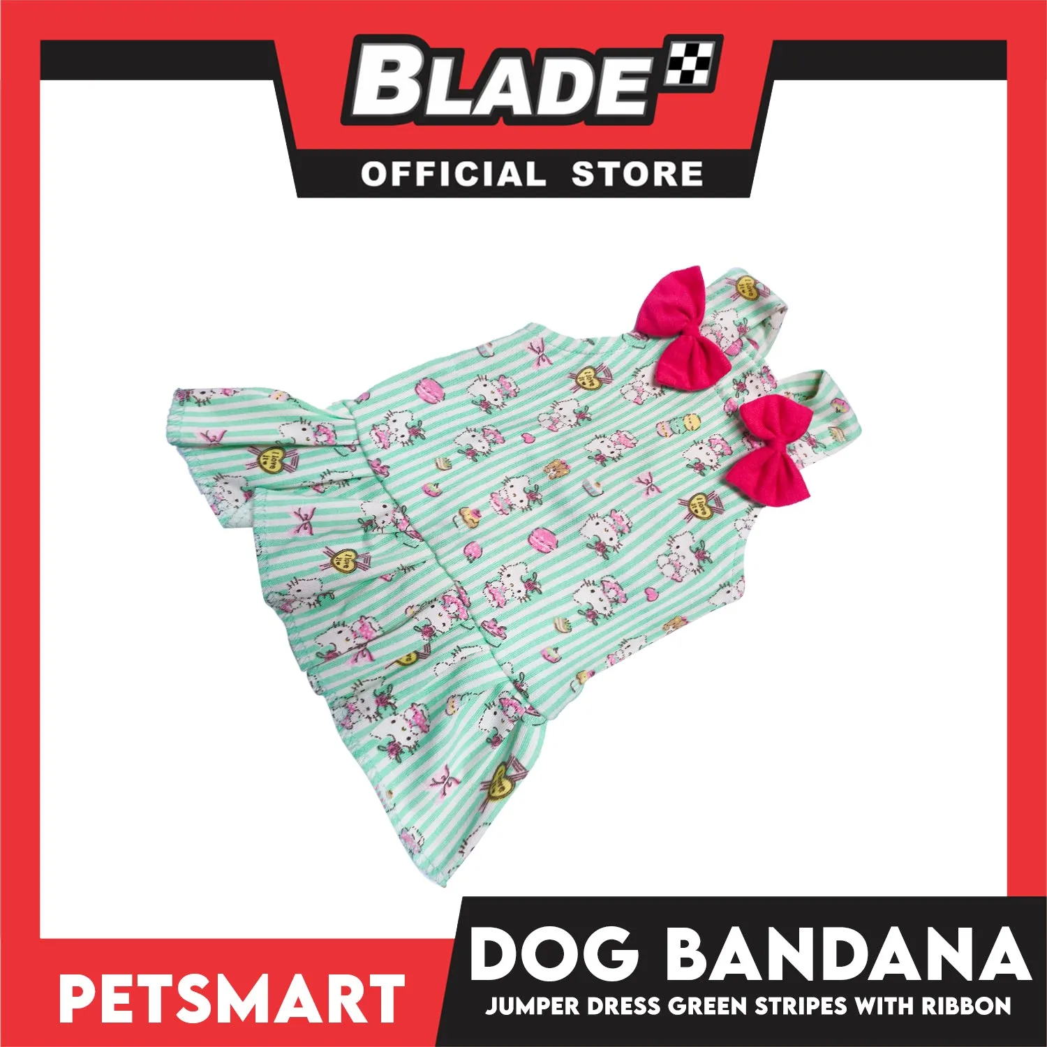 Pet Dress With Character Design, Green Stripes With Pink Ribbon (Large) Perfect Fit For Dogs And Cats, Breathable Dress, Soft Lightweight Pet Clothing