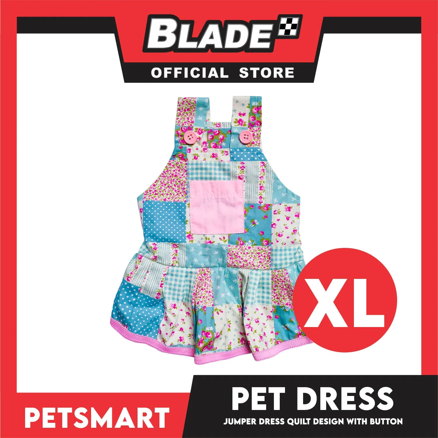 Pet Jumper Dress Quilt Design With Buttons, Blue With Pink Colors DG-CTN110XL (XL) Perfect Fit For Dogs And Cats, Breathable Clothes, Soft Lightweight Pet Clothing