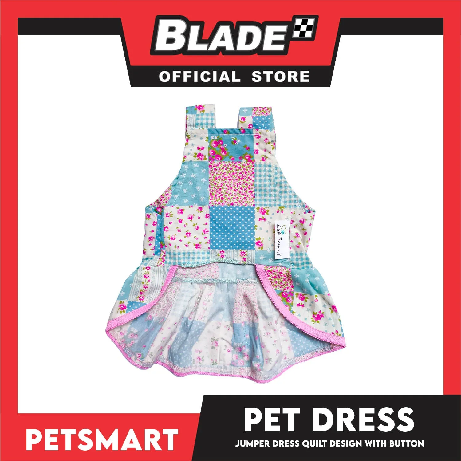 Pet Jumper Dress Quilt Design With Buttons, Blue With Pink Colors DG-CTN110XL (XL) Perfect Fit For Dogs And Cats, Breathable Clothes, Soft Lightweight Pet Clothing