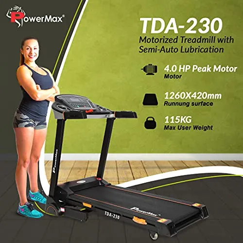 PowerMax Fitness TDA-230 (4HP Peak) Smart Folding Electric Treadmill with Auto Incline, MP3, Speaker, DIY and Virtual Assistance, Exercise Machine for Home Gym and Cardio Training