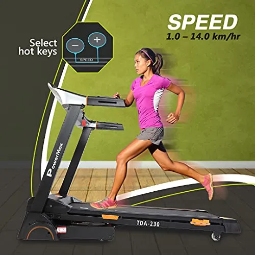 PowerMax Fitness TDA-230 (4HP Peak) Smart Folding Electric Treadmill with Auto Incline, MP3, Speaker, DIY and Virtual Assistance, Exercise Machine for Home Gym and Cardio Training