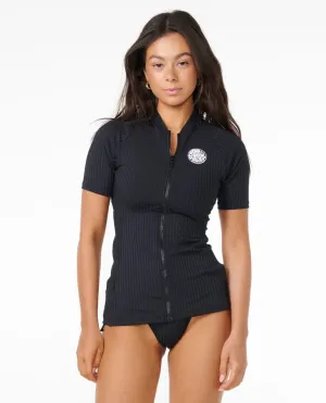 Premium Surf Zip Thru Short Sleeve Rash Vest - Black