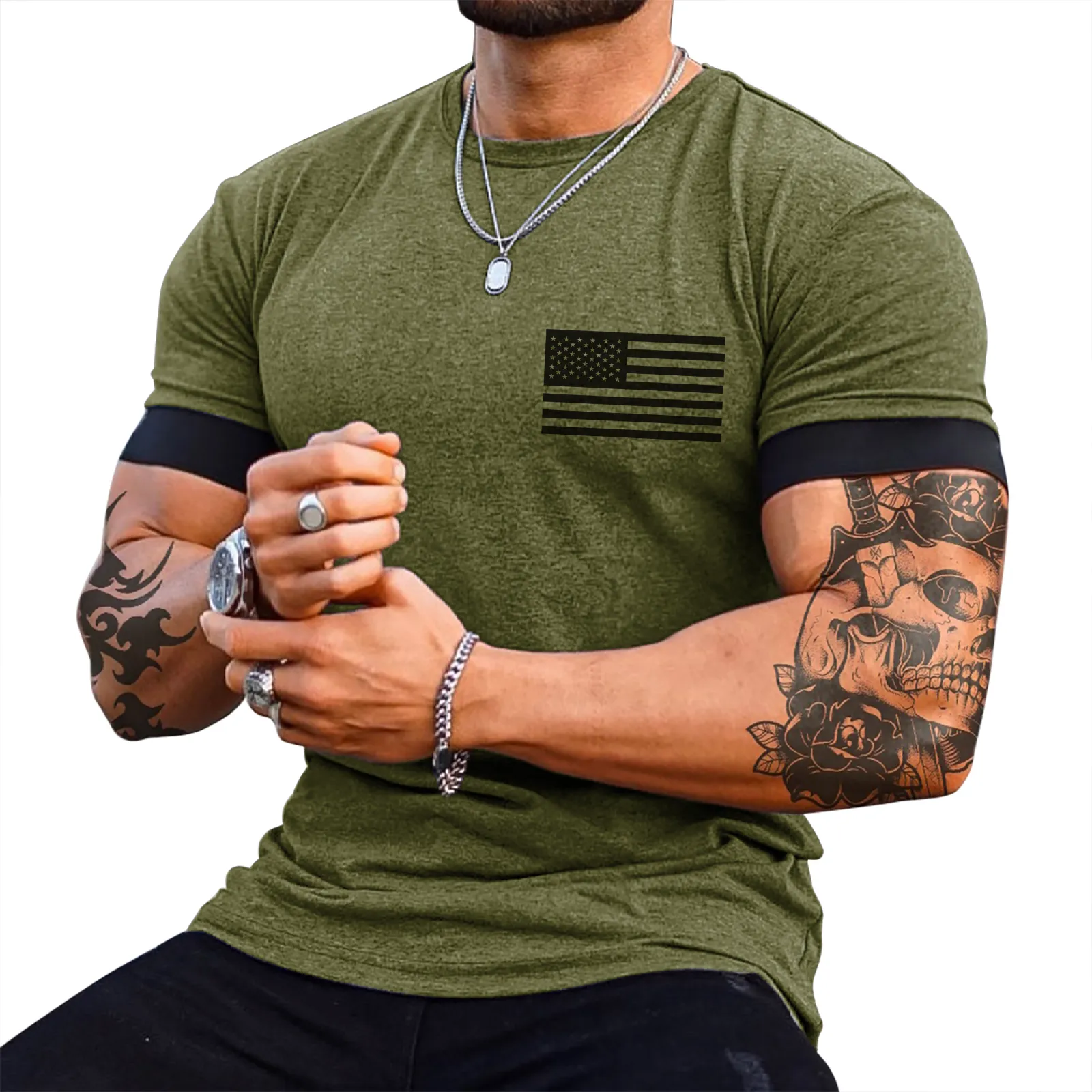 QUICK-DRY USA FLAG FAKE TWO PIECES GRAPHIC ACTIVE TEE