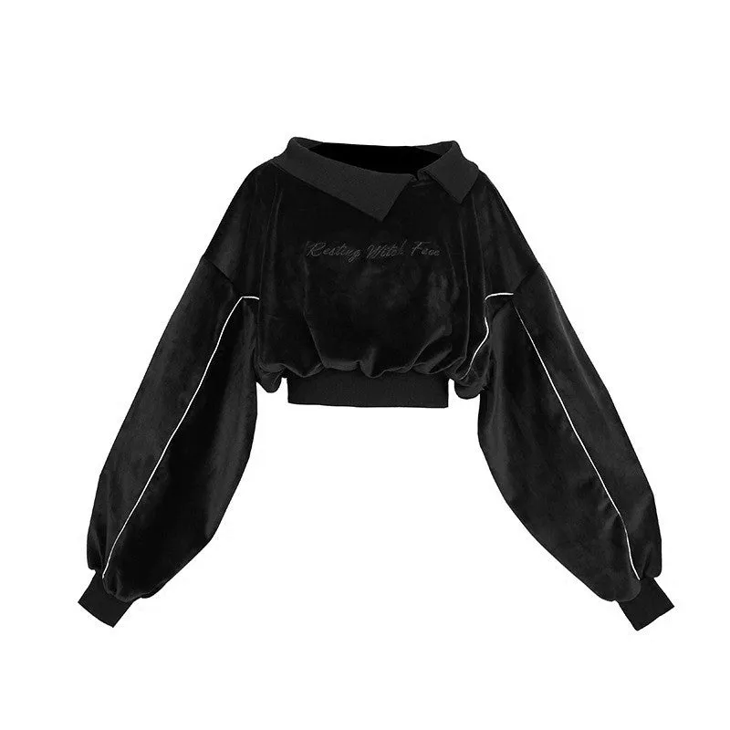 "DARK LETTER EMBROIDERED VELVET SHORT" TOP D042402