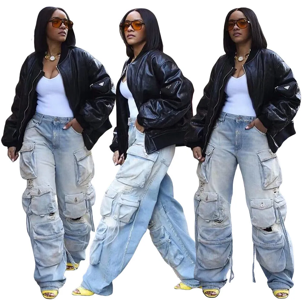 Retro multi-pocket denim pants