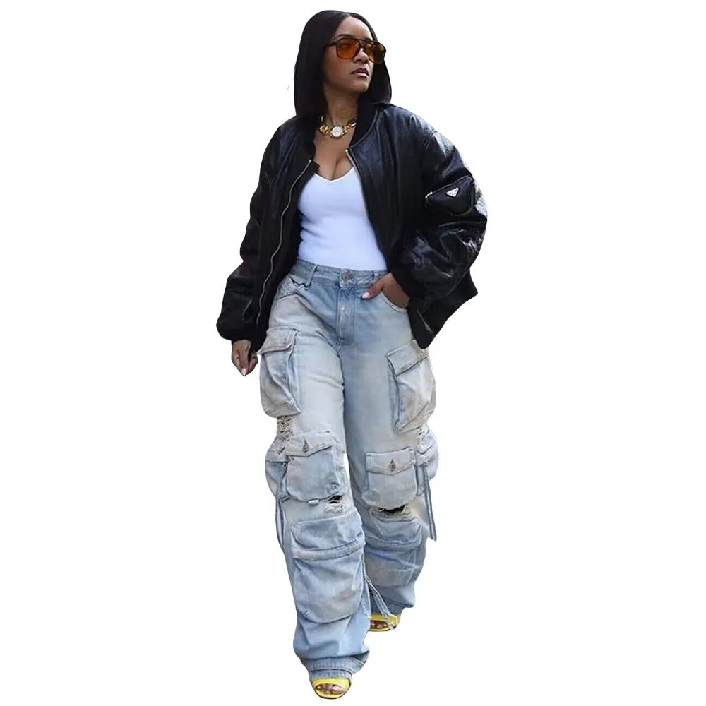 Retro multi-pocket denim pants