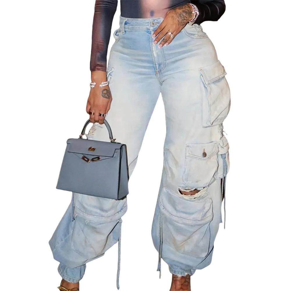 Retro multi-pocket denim pants
