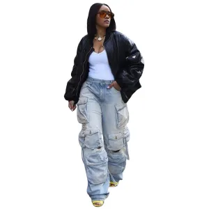Retro multi-pocket denim pants