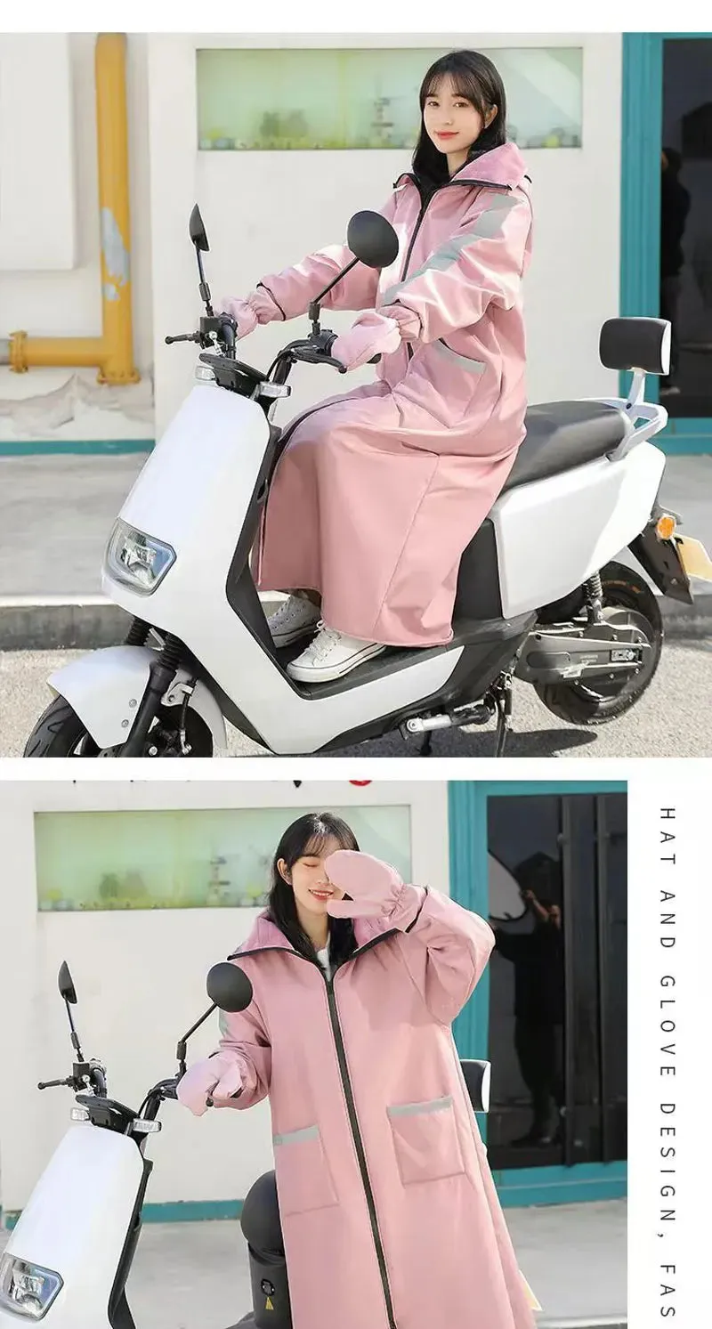 Rider's Shield: waterproof windbreaker with fleece hood and gloves.