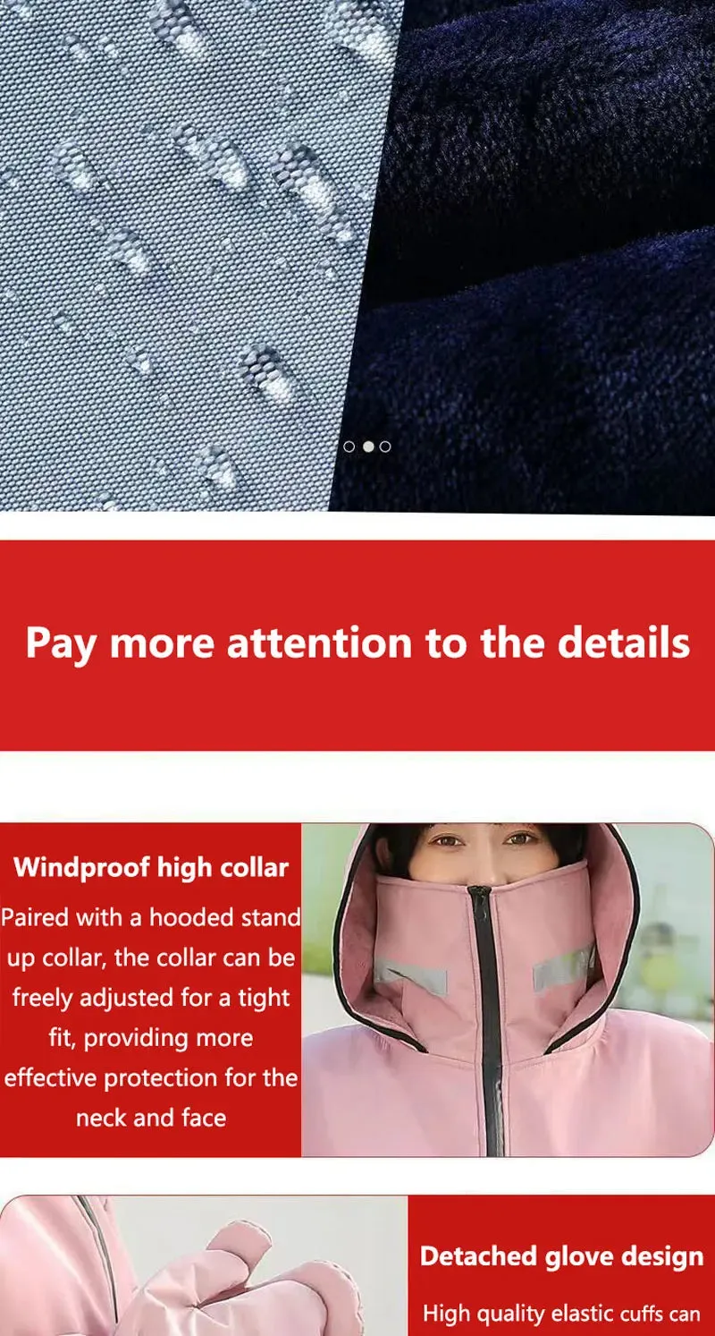 Rider's Shield: waterproof windbreaker with fleece hood and gloves.