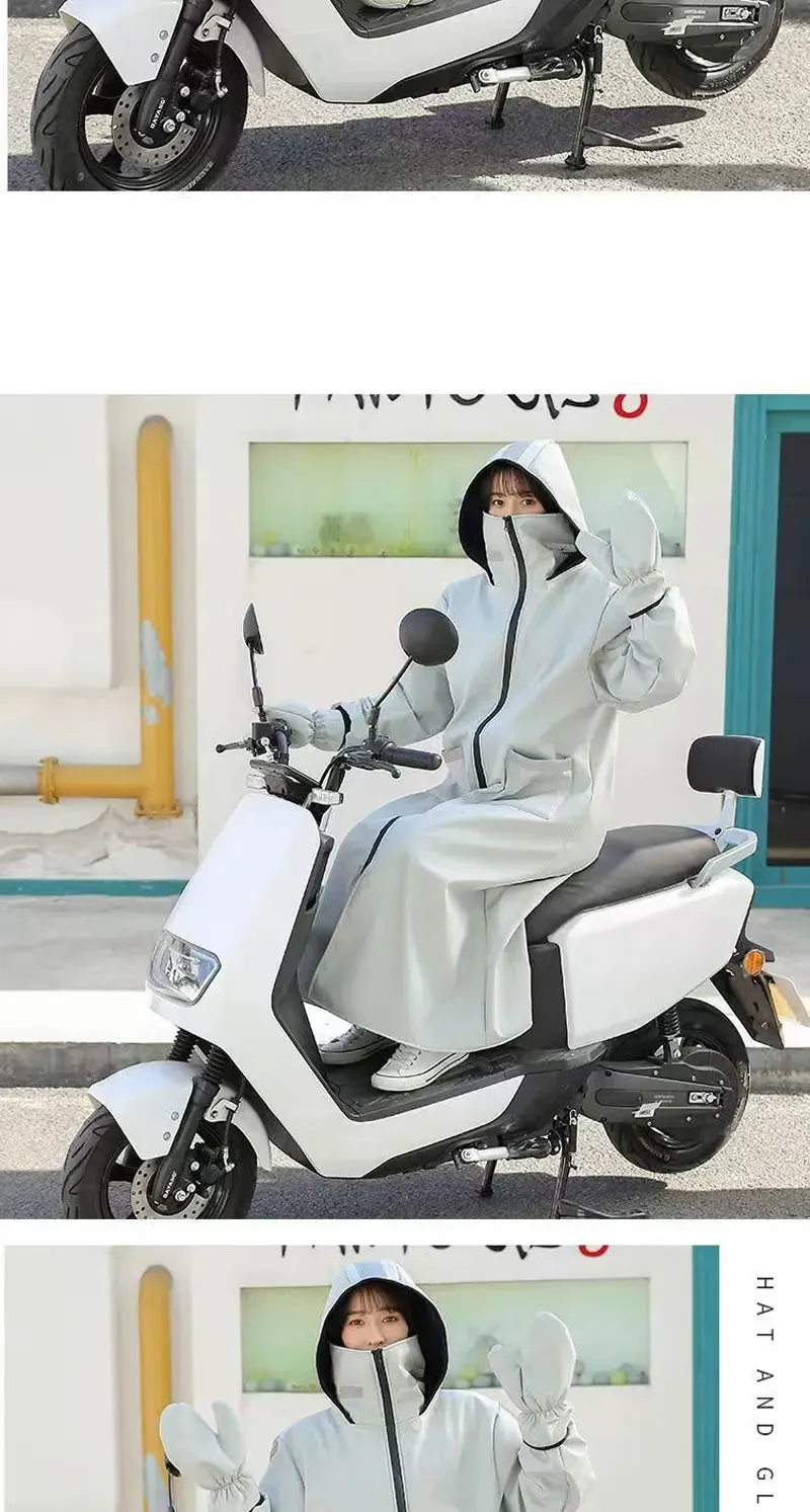 Rider's Shield: waterproof windbreaker with fleece hood and gloves.