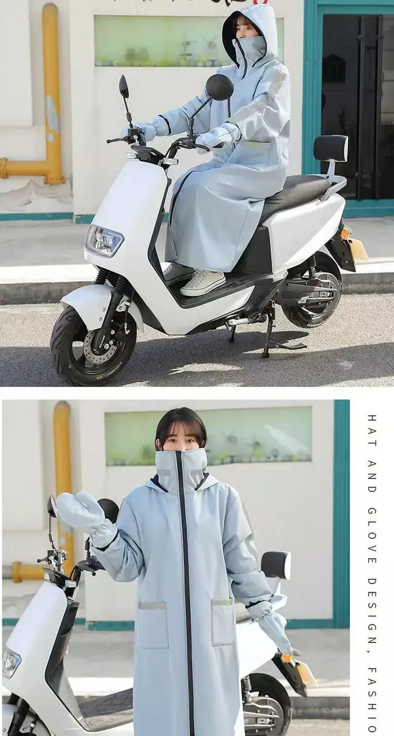Rider's Shield: waterproof windbreaker with fleece hood and gloves.