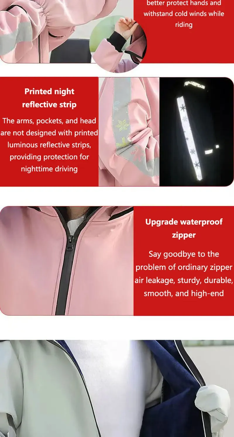 Rider's Shield: waterproof windbreaker with fleece hood and gloves.