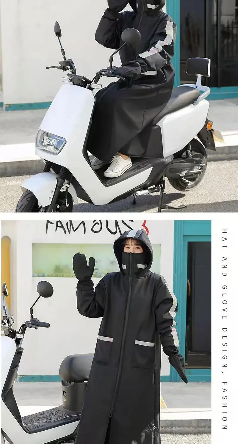 Rider's Shield: waterproof windbreaker with fleece hood and gloves.