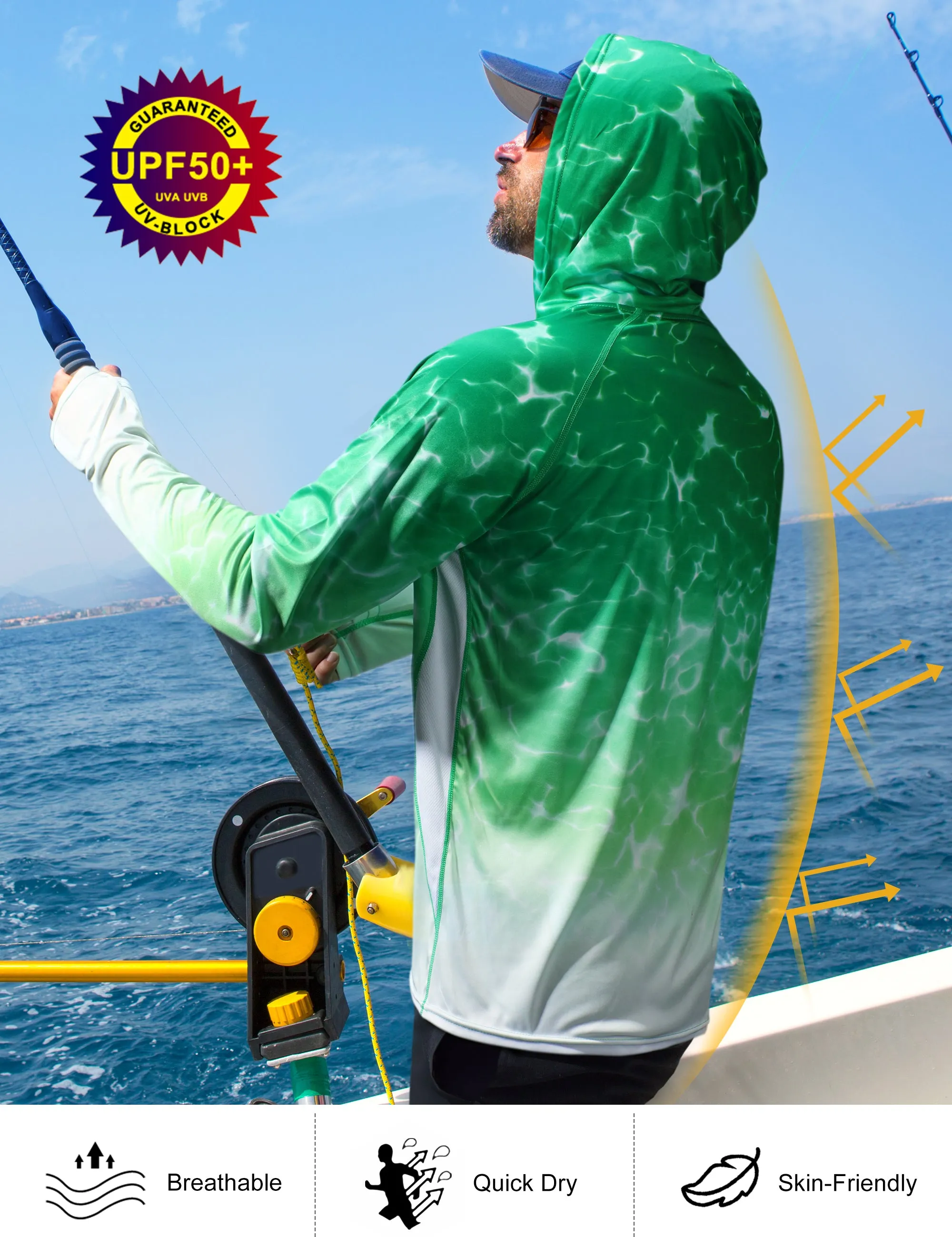 Roadbox Men's UPF 50  Sun Protection Hoodie Shirts - Outdoor Fishing Long Sleeve Thumbholes T-Shirt Lightweight
