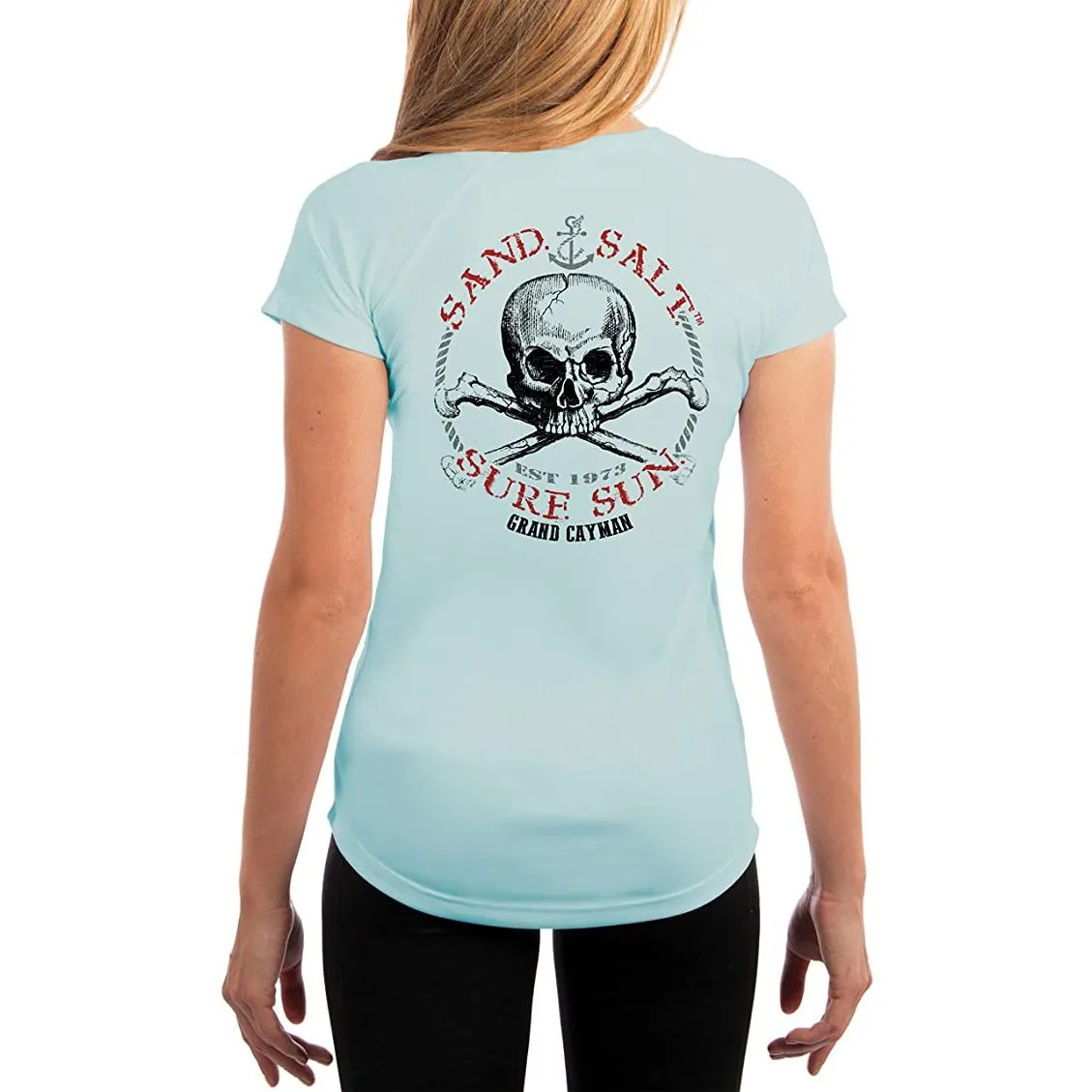 SAND.SALT.SURF.SUN. Grand Cayman Islands Skull Women's UPF 50  UV Sun Protection Performance Short Sleeve T-Shirt