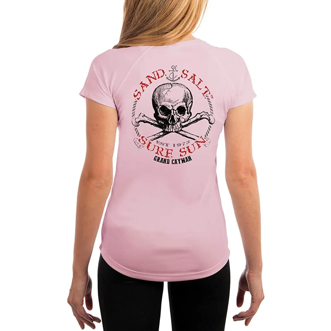 SAND.SALT.SURF.SUN. Grand Cayman Islands Skull Women's UPF 50  UV Sun Protection Performance Short Sleeve T-Shirt