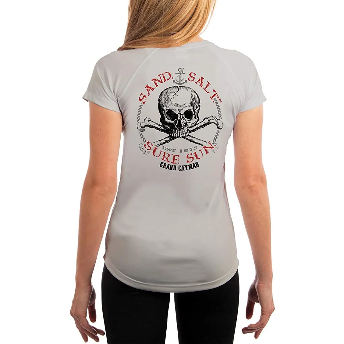 SAND.SALT.SURF.SUN. Grand Cayman Islands Skull Women's UPF 50  UV Sun Protection Performance Short Sleeve T-Shirt