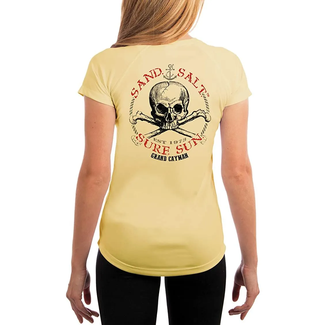 SAND.SALT.SURF.SUN. Grand Cayman Islands Skull Women's UPF 50  UV Sun Protection Performance Short Sleeve T-Shirt