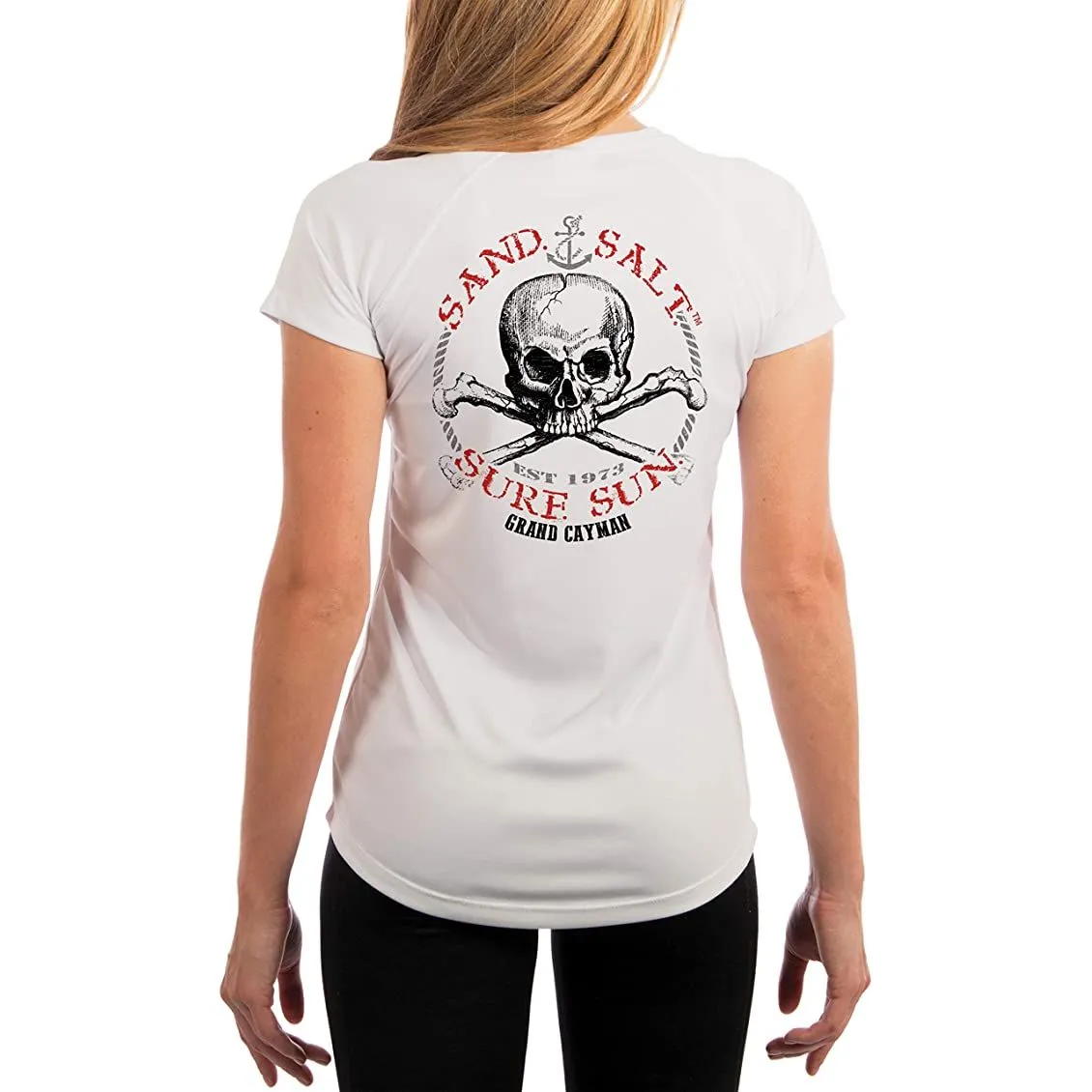 SAND.SALT.SURF.SUN. Grand Cayman Islands Skull Women's UPF 50  UV Sun Protection Performance Short Sleeve T-Shirt