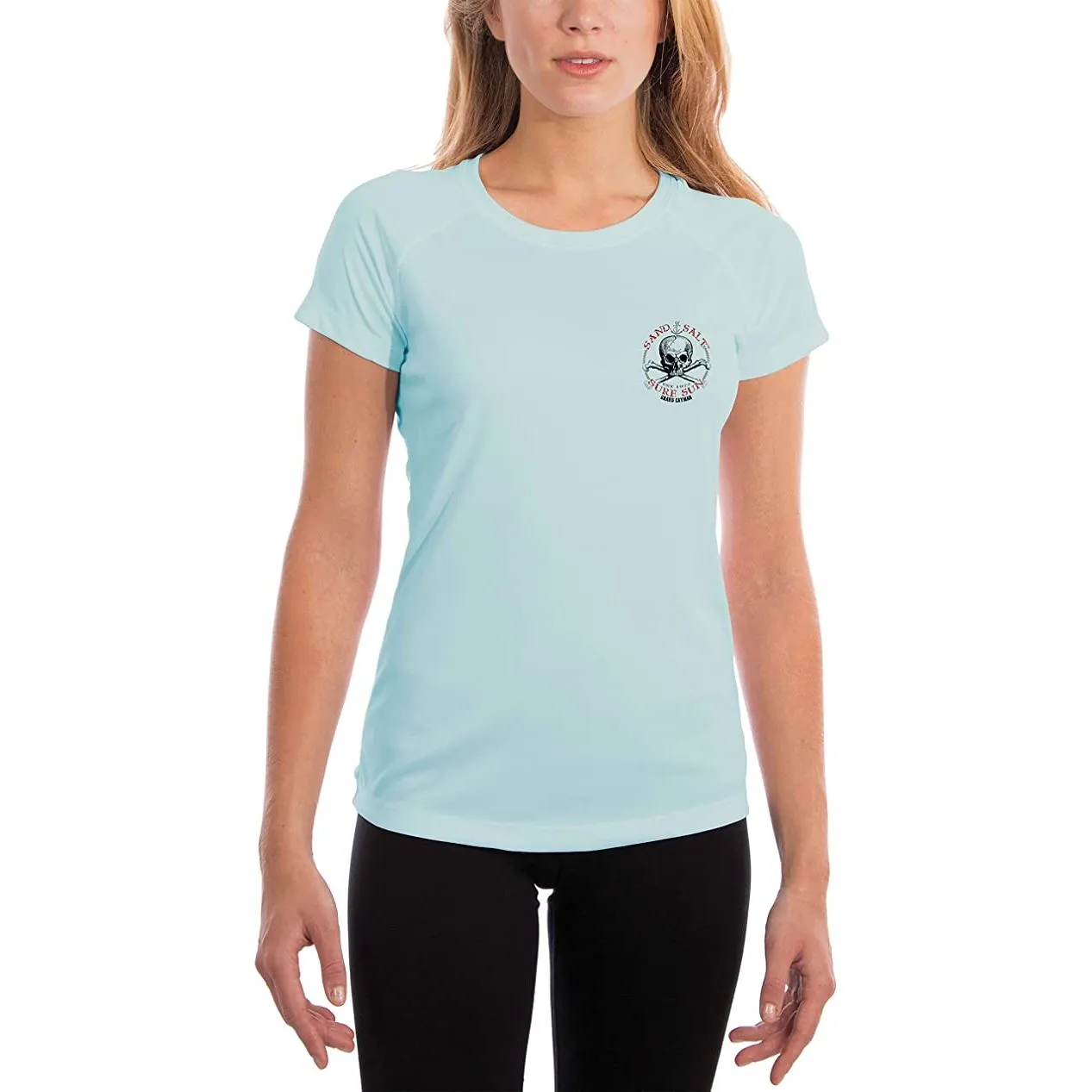 SAND.SALT.SURF.SUN. Grand Cayman Islands Skull Women's UPF 50  UV Sun Protection Performance Short Sleeve T-Shirt