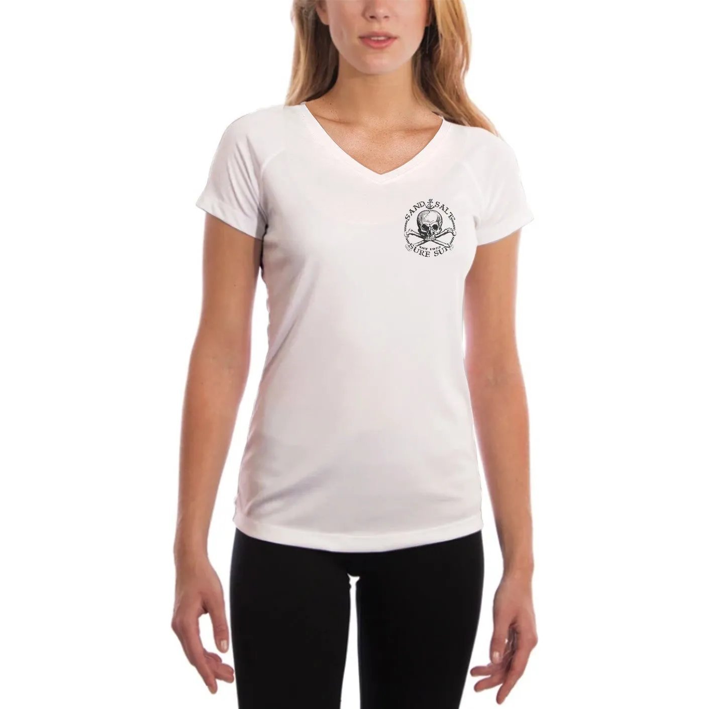 SAND.SALT.SURF.SUN. Skull Anchor Women's UPF 50  UV Sun Protection Performance Short Sleeve T-Shirt