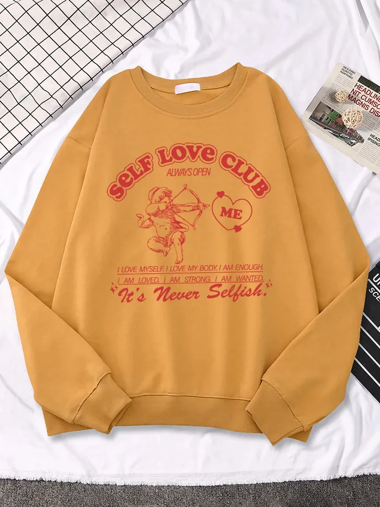 Self Love Club Cupid's Arrow Print Sweatshirt Women Casual Crewneck Sportswear Fleece Warm Hoodies Loose Comfortable Clothes