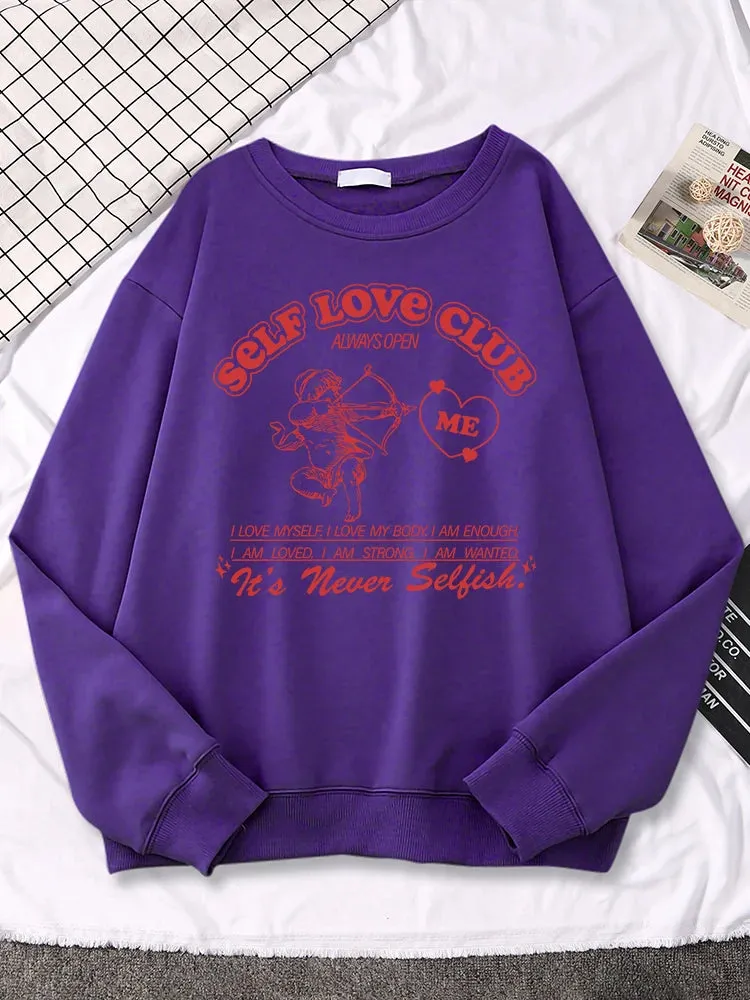 Self Love Club Cupid's Arrow Print Sweatshirt Women Casual Crewneck Sportswear Fleece Warm Hoodies Loose Comfortable Clothes