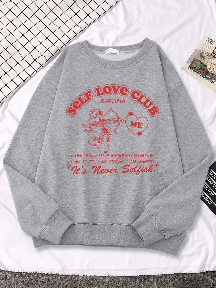 Self Love Club Cupid's Arrow Print Sweatshirt Women Casual Crewneck Sportswear Fleece Warm Hoodies Loose Comfortable Clothes