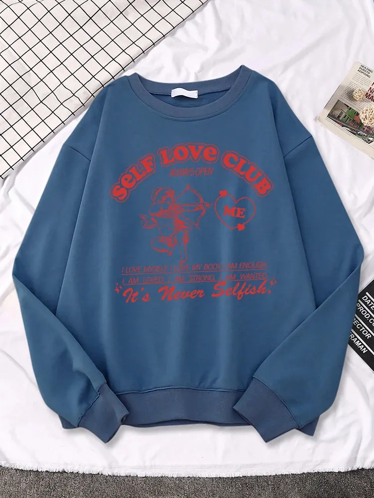 Self Love Club Cupid's Arrow Print Sweatshirt Women Casual Crewneck Sportswear Fleece Warm Hoodies Loose Comfortable Clothes