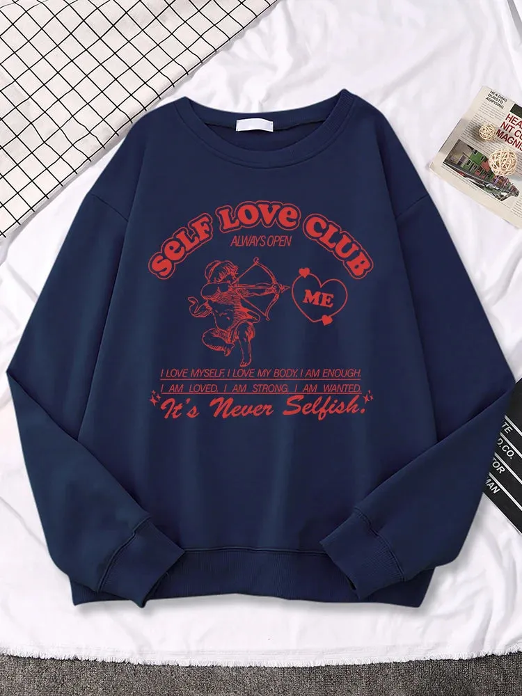 Self Love Club Cupid's Arrow Print Sweatshirt Women Casual Crewneck Sportswear Fleece Warm Hoodies Loose Comfortable Clothes