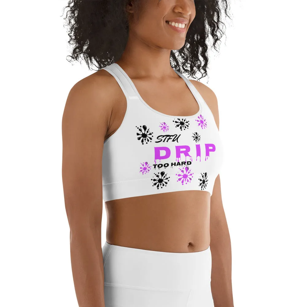 STFU Drip Too Hard Racerback Sports Bra - Purple & Black on White