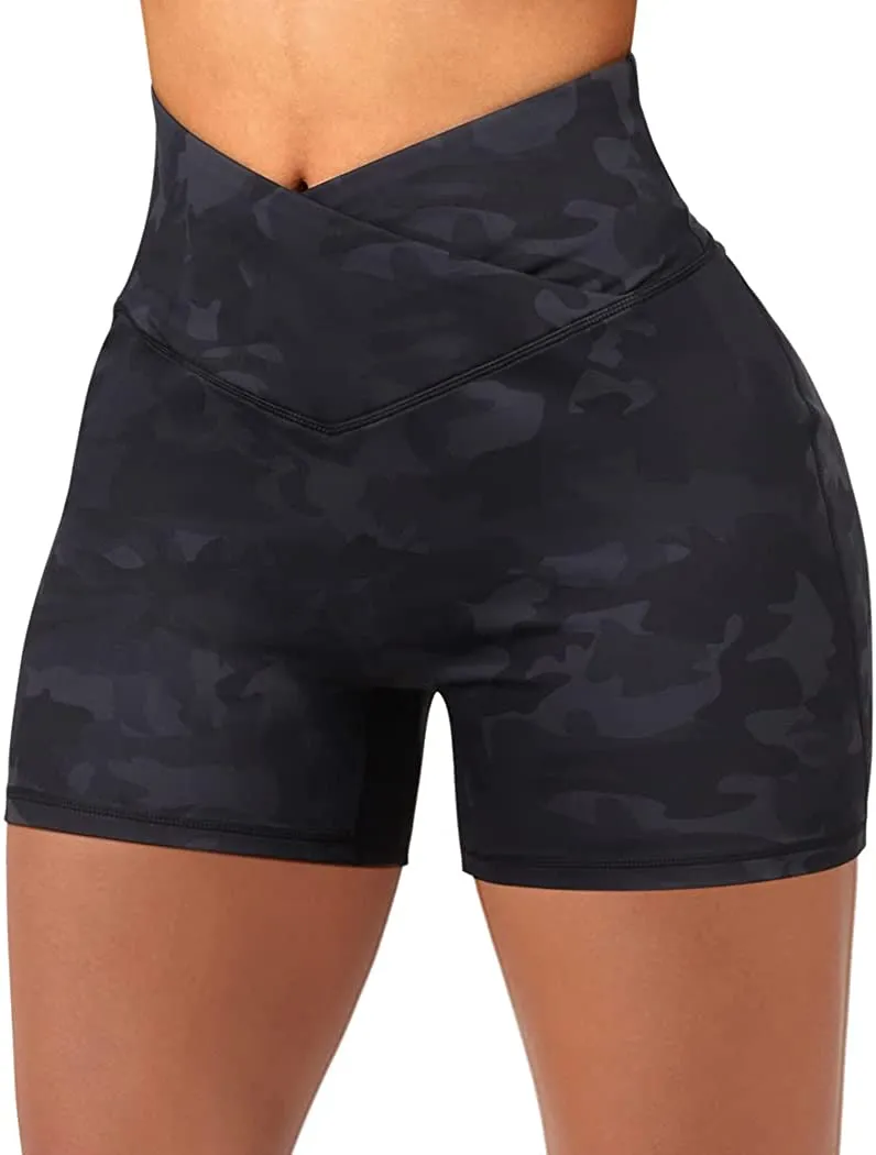 SUUKSESS Women Booty Shorts 3" Crossover Slimming High Waisted Workout Shorts