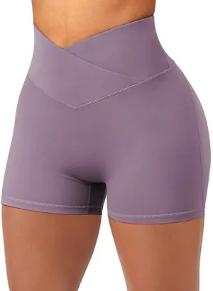 SUUKSESS Women Booty Shorts 3" Crossover Slimming High Waisted Workout Shorts