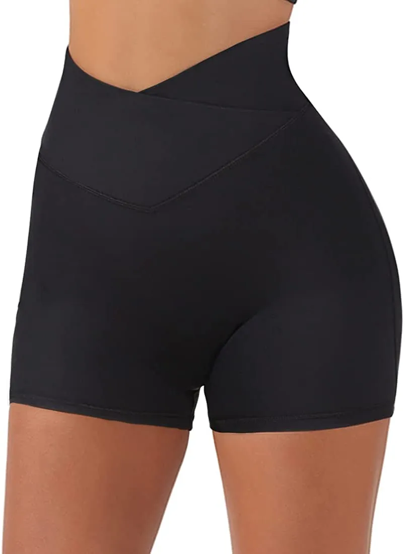 SUUKSESS Women Booty Shorts 3" Crossover Slimming High Waisted Workout Shorts