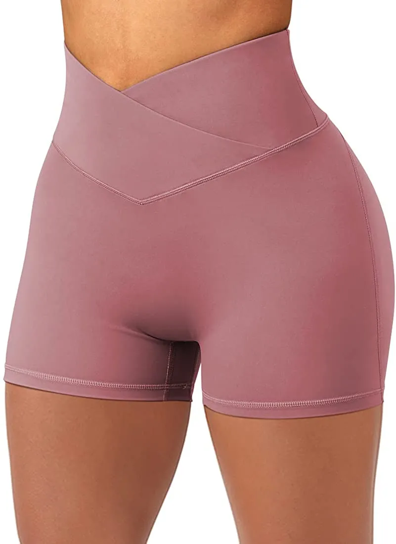 SUUKSESS Women Booty Shorts 3" Crossover Slimming High Waisted Workout Shorts