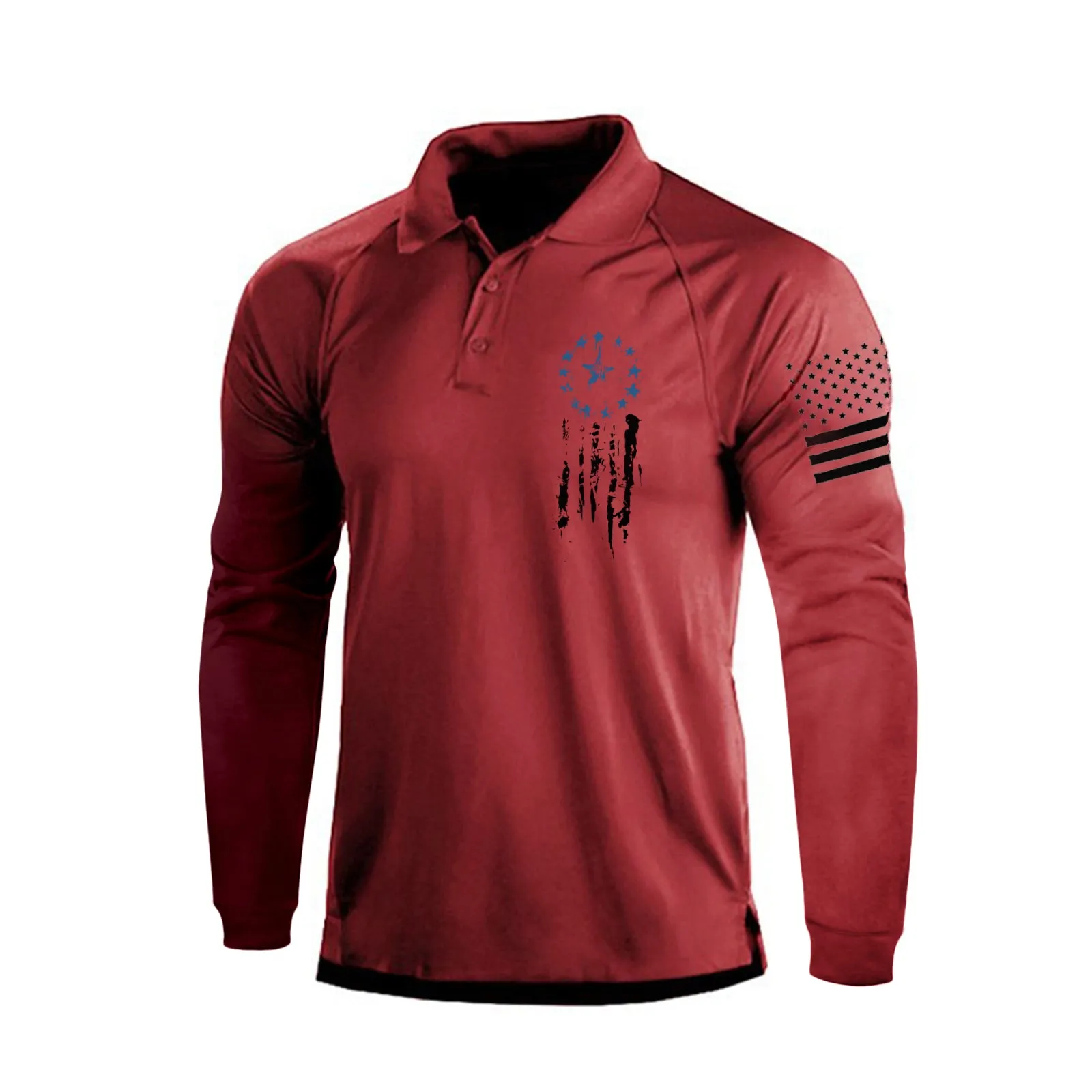 USA FLAG STAR QUICK DRY RAGLAN GRAPHIC LONG SLEEVE POLO SHIRT
