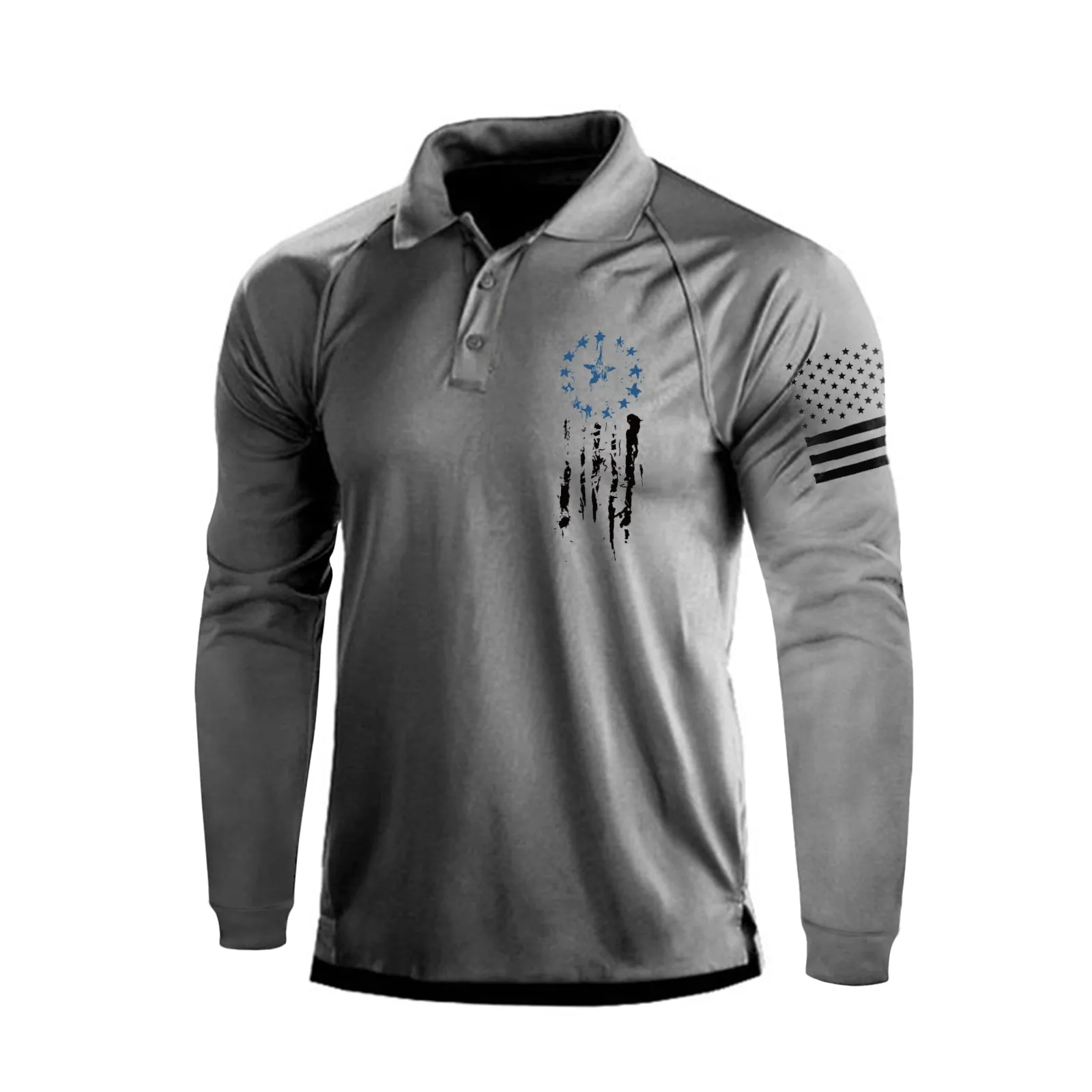 USA FLAG STAR QUICK DRY RAGLAN GRAPHIC LONG SLEEVE POLO SHIRT