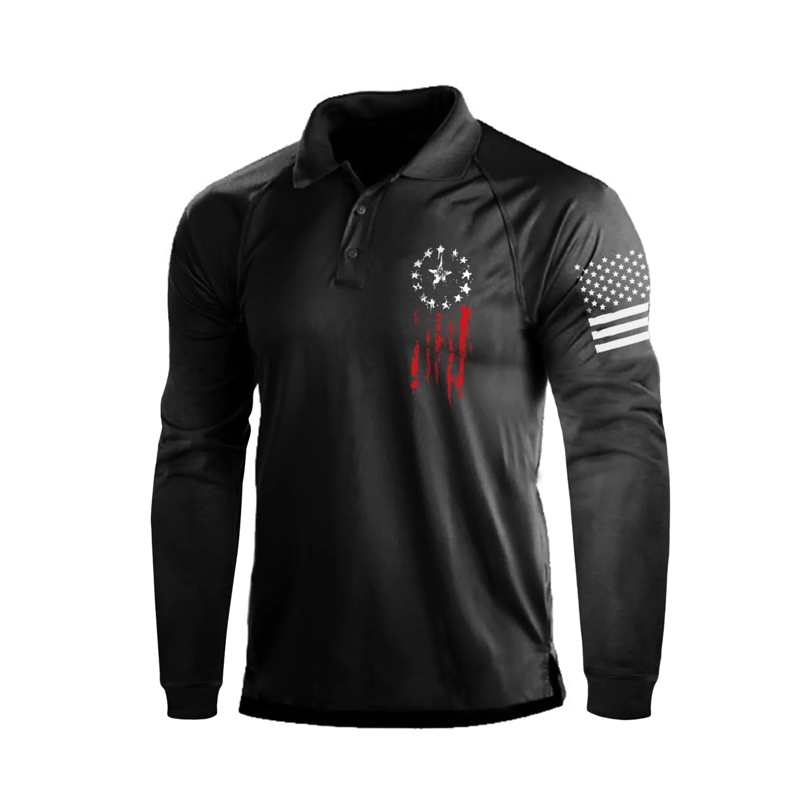 USA FLAG STAR QUICK DRY RAGLAN GRAPHIC LONG SLEEVE POLO SHIRT