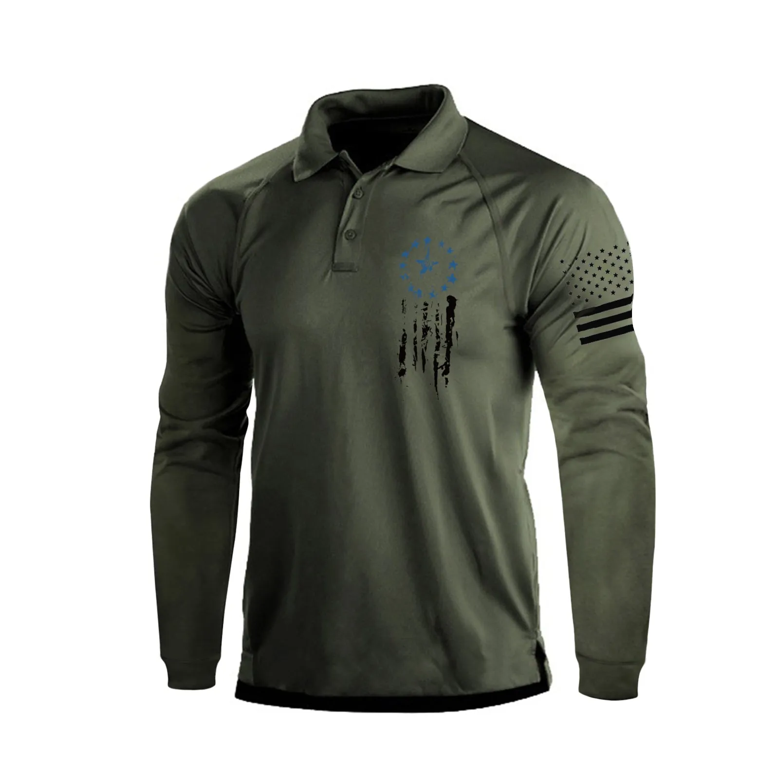 USA FLAG STAR QUICK DRY RAGLAN GRAPHIC LONG SLEEVE POLO SHIRT