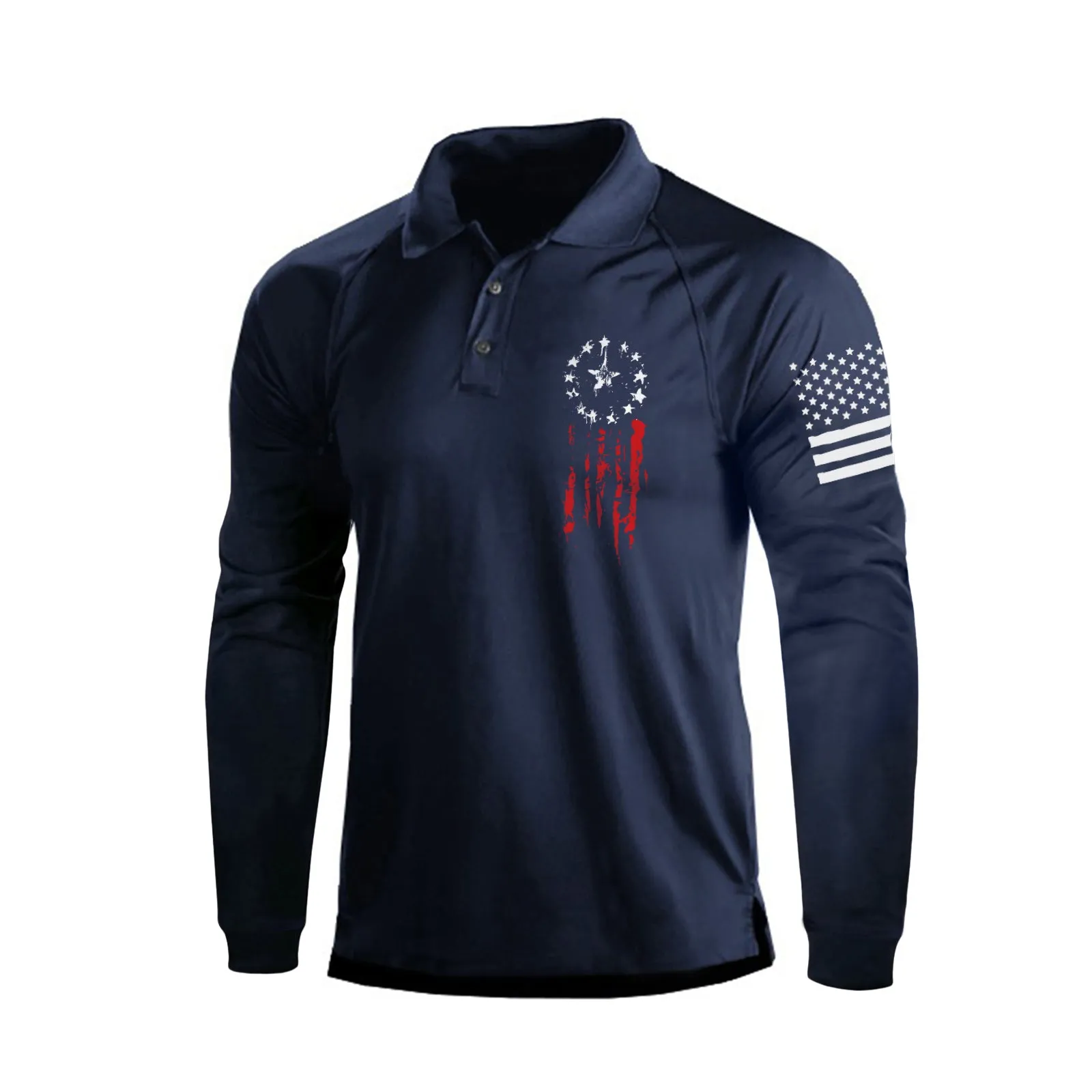 USA FLAG STAR QUICK DRY RAGLAN GRAPHIC LONG SLEEVE POLO SHIRT