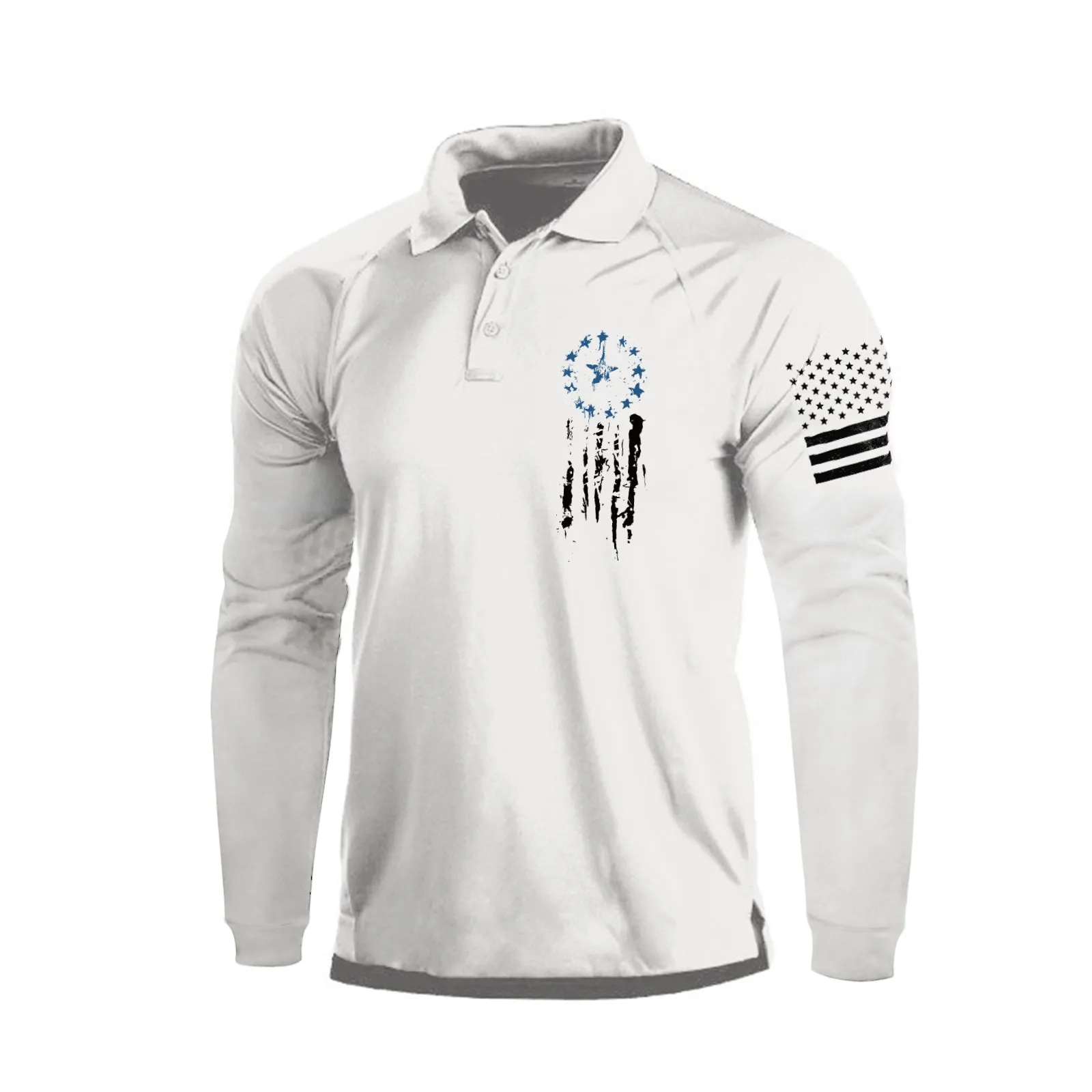 USA FLAG STAR QUICK DRY RAGLAN GRAPHIC LONG SLEEVE POLO SHIRT