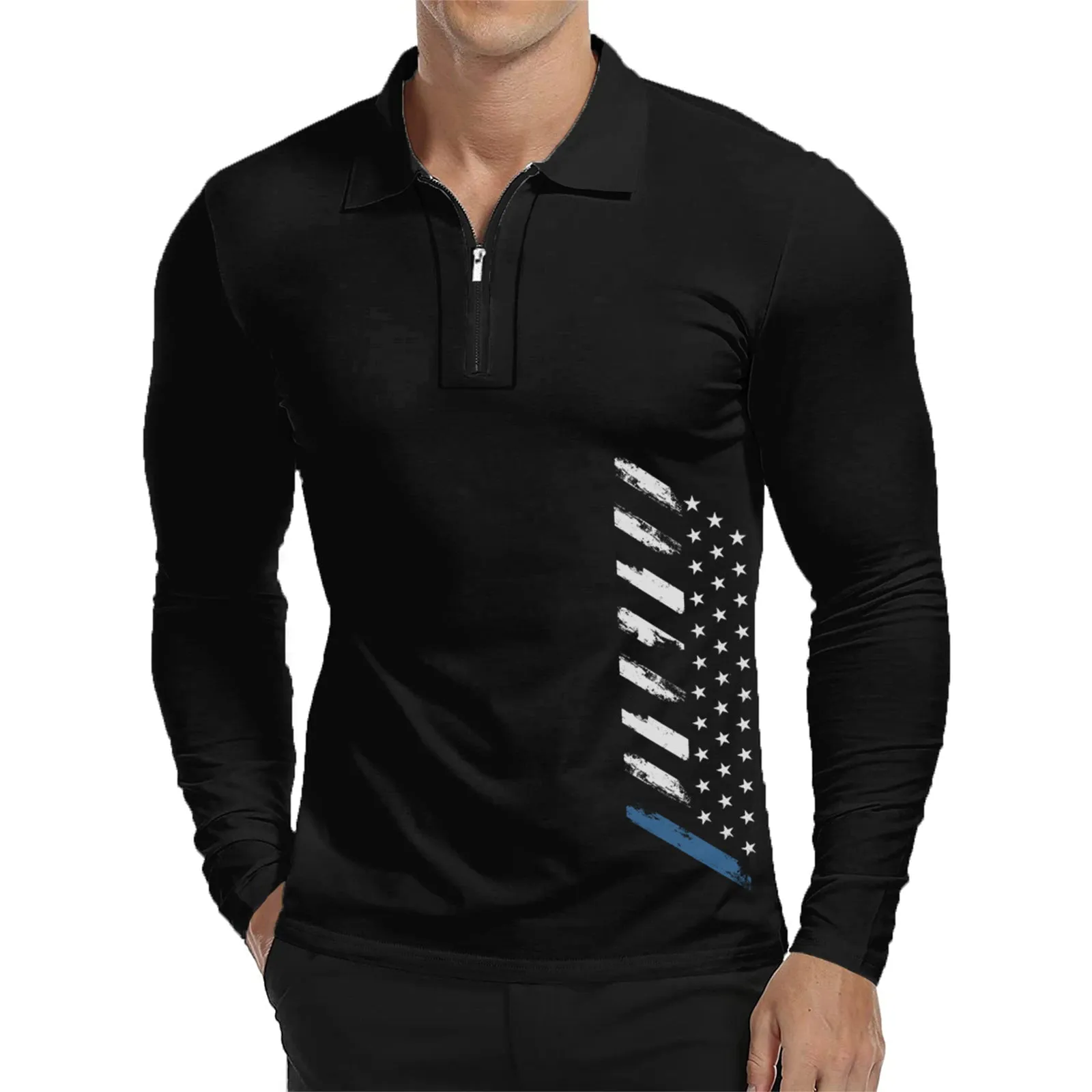 USA FLAG ZIPPER QUICK DRY GRAPHIC  LONG SLEEVE POLO SHIRT