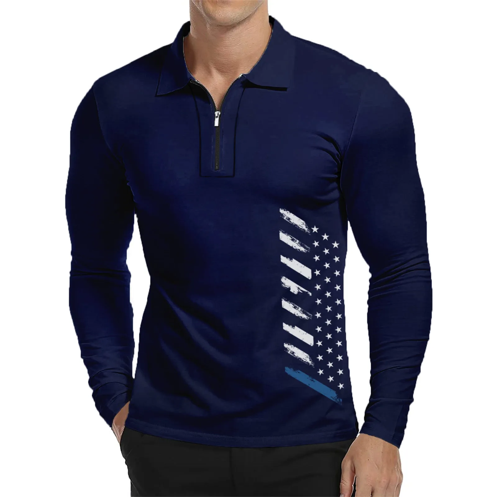 USA FLAG ZIPPER QUICK DRY GRAPHIC  LONG SLEEVE POLO SHIRT