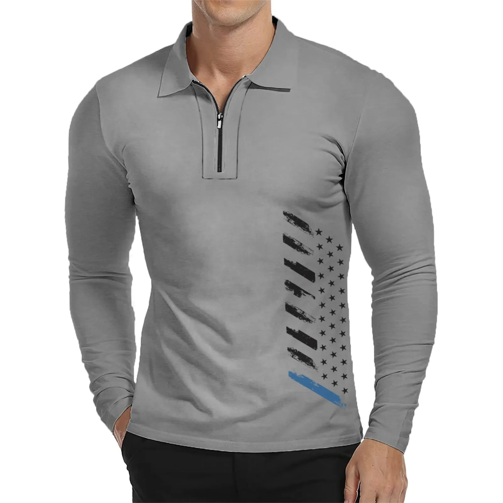 USA FLAG ZIPPER QUICK DRY GRAPHIC  LONG SLEEVE POLO SHIRT