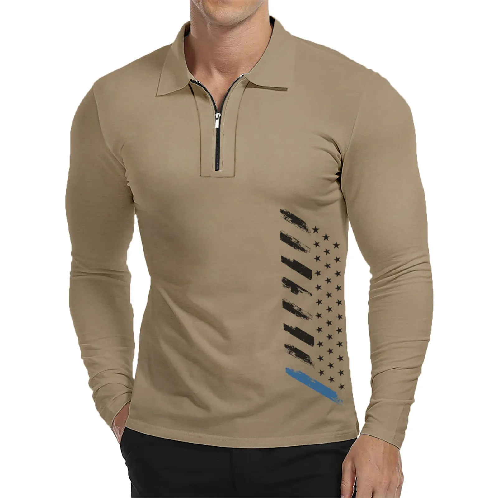 USA FLAG ZIPPER QUICK DRY GRAPHIC  LONG SLEEVE POLO SHIRT