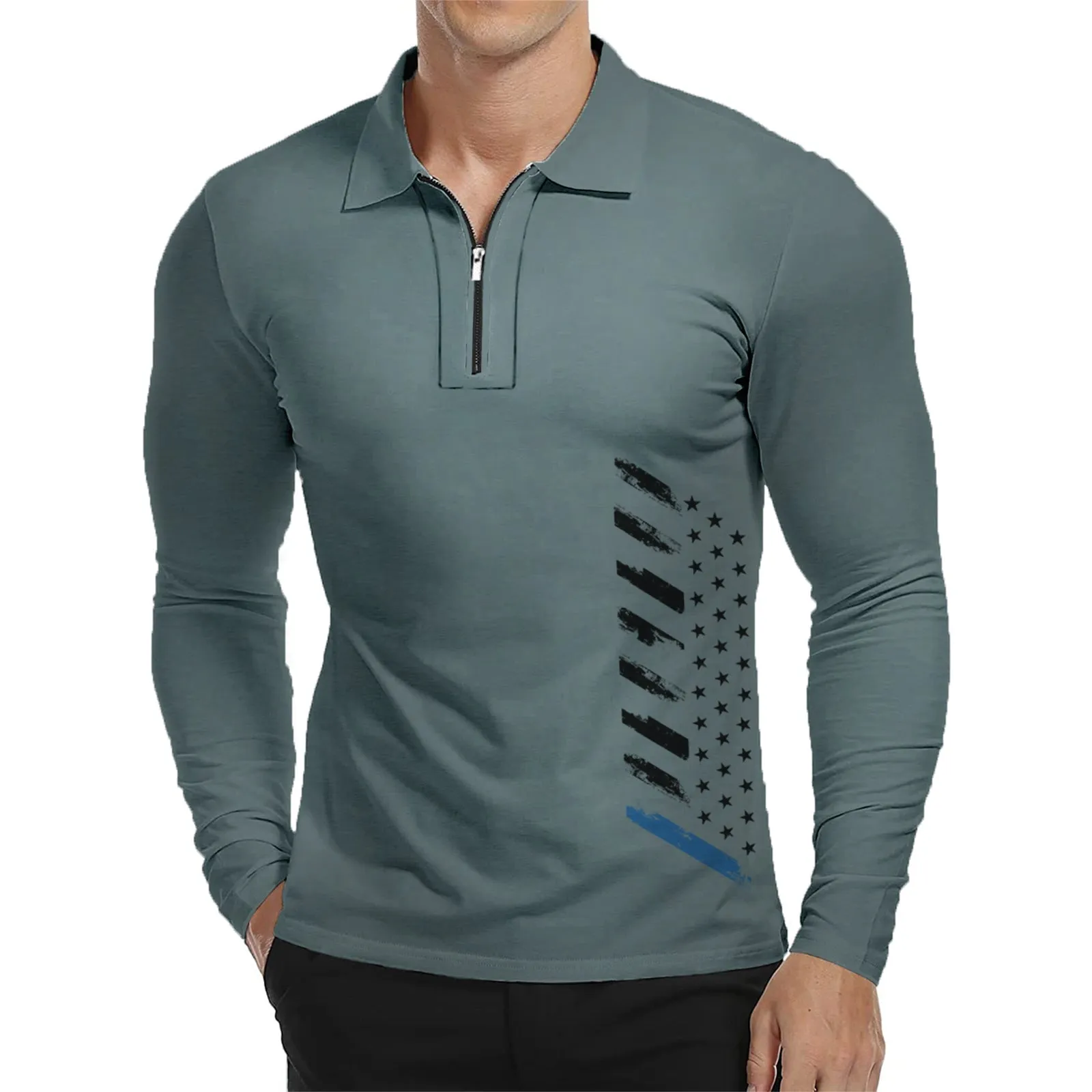 USA FLAG ZIPPER QUICK DRY GRAPHIC  LONG SLEEVE POLO SHIRT